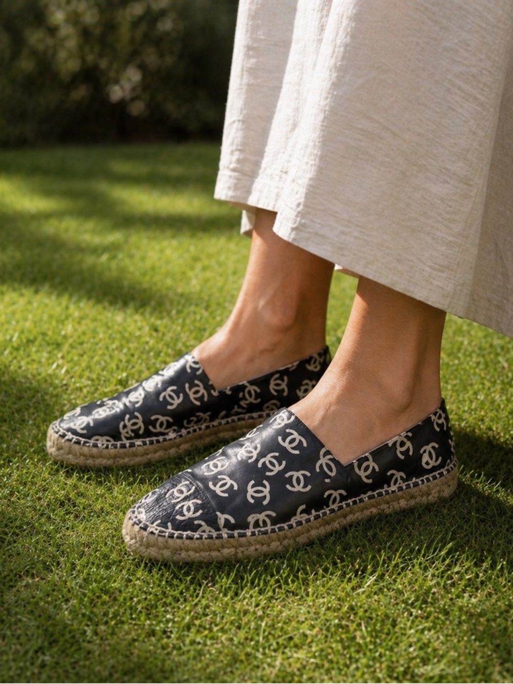 CHANEL Lamb Monogrammed CC Logo Black Leather Espadrilles Size 38